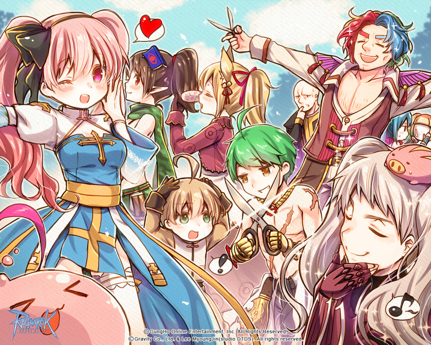 ! 4boys 5girls acolyte_(ragnarok_online) ahoge animal_ears arch_bishop_(ragnarok_online) assassin_cross_(ragnarok_online) bald barber bell black_bow black_gloves blonde_hair blue_dress blue_hair blush book book_on_head bow brown_eyes brown_gloves brown_hair brown_jacket camouflage_scarf cassock character_request cleavage_cutout closed_eyes closed_mouth clothing_cutout copyright_notice cowboy_shot cross cross_necklace cross_of_prontera dress fox_ears fox_girl frilled_thighhighs frills gauntlets glint gloves green_eyes green_hair green_scarf green_shorts grey_hair guest_art guillotine_cross_(ragnarok_online) hair_bell hair_between_eyes hair_bow hair_ornament hair_ribbon high_ponytail holding holding_scissors huge_ahoge jacket jewelry jingle_bell juliet_sleeves logo long_hair long_sleeves looking_at_another looking_at_viewer looking_to_the_side merchant_(ragnarok_online) multicolored_hair multiple_boys multiple_girls musical_note necklace object_on_head official_art official_wallpaper one_eye_closed open_mouth piglet pink_eyes pink_hair pointy_ears ponytail puffy_sleeves ragnarok_online ranger_(ragnarok_online) red_ribbon ribbon rideword_(ragnarok_online) sash savage_babe scarf scissors shirt short_hair shorts smile sparkle split-color_hair spoken_musical_note sura_(ragnarok_online) thighhighs twintails two-tone_dress white_dress white_shirt white_thighhighs yellow_sash yukian