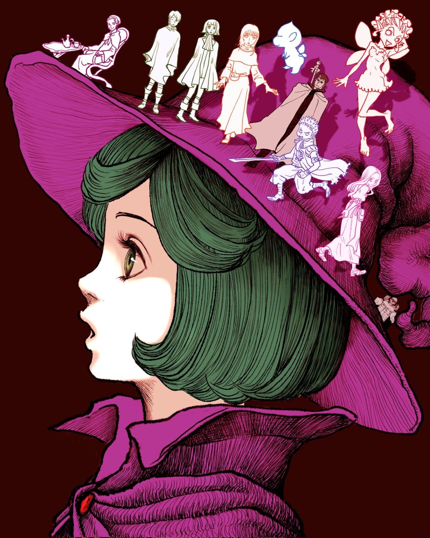 5boys 6+girls armor arms_behind_back barefoot berserk berserker_armor bob_cut casca_(berserk) cloak closed_eyes commentary commentary_request cup fairy fairy_wings farnese_(berserk) floating flora_(berserk) green_eyes green_hair guts_(berserk) hat highres holding holding_sword holding_weapon isidro_(berserk) ivalera long_hair long_sleeves looking_at_viewer multicolored_hair multiple_boys multiple_girls nisino2222 open_mouth parted_bangs parted_lips pointy_ears pouch puck_(berserk) purple_headwear schierke_(berserk) serpico_(berserk) short_hair sitting skeleton skull_knight_(berserk) smile sonia_(berserk) spiked_hair streaked_hair sword table teacup weapon wings witch witch_hat
