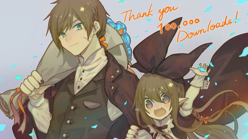 1boy 1girl :3 :d arm_up artist_request black_cat black_dress black_jacket black_nails black_ribbon blue_eyes blue_flower blush bouquet brown_hair cat closed_mouth commentary_request dress efina facial_scar fingernails flower green_vest hair_between_eyes hair_ribbon head_tilt highres holding holding_bouquet jacket lieat long_hair long_sleeves looking_at_viewer nail_polish official_art open_mouth outstretched_arm pink_eyes puffy_short_sleeves puffy_sleeves ribbon scar scar_on_cheek scar_on_face shirt short_sleeves smile teobaldo_leonhearts thank_you tuxedo very_long_hair vest white_shirt wrist_cuffs
