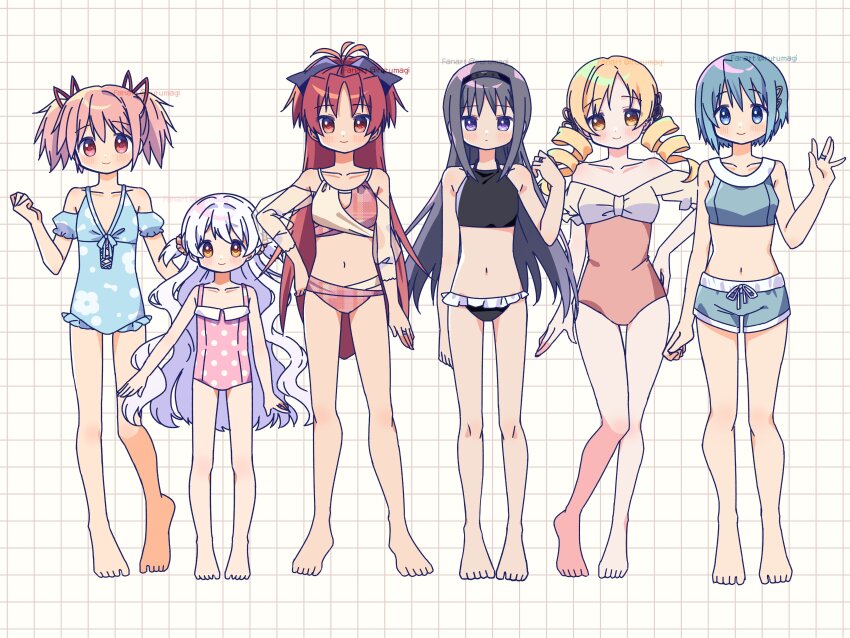 5girls 6+girls absurdres akemi_homura barefoot bikini black_hair black_hairband blonde_hair blue_bikini blue_eyes blue_hair bow breasts dress drill_hair everyone hair_bow hair_ornament hair_ribbon hairband hairclip highres kaname_madoka long_hair looking_at_viewer mahou_shoujo_madoka_magica mahou_shoujo_madoka_magica:_hangyaku_no_monogatari miki_sayaka momoe_nagisa multiple_girls navel one-piece_swimsuit panties pink_eyes pink_hair plaid_background polka_dot polka_dot_bikini polka_dot_dress polka_dot_swimsuit ponytail purple_eyes red_eyes red_hair ribbon ruru_(rurumagi) sakura_kyoko short_hair short_twintails shorts small_breasts smile strapless swimsuit tile_floor tiles tomoe_mami twin_drills twintails underwear yellow_eyes