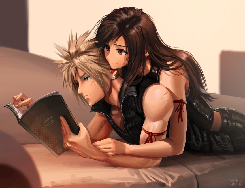 1boy 1girl absurdres apron arm_ribbon artist_name bare_shoulders black_apron black_hair black_pants black_shirt black_shorts black_vest blonde_hair blue_eyes blurry blurry_background book brown_hair closed_mouth cloud_strife commentary couch couple crop_top earrings english_commentary facial_scar final_fantasy final_fantasy_vii final_fantasy_vii_advent_children high_collar highres holding holding_book indoors jewelry long_hair lying lying_on_person midriff on_couch on_person on_stomach pants reading red_eyes red_ribbon ribbon safaia scar scar_on_cheek scar_on_face scar_on_shoulder scar_on_shoulders shirt shorts sleeveless sleeveless_shirt spiked_hair stud_earrings swept_bangs tifa_lockhart vest waist_apron zipper