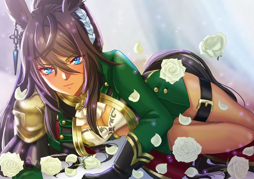 1girl animal_ears ascot belt black_belt black_gloves black_hair blue_eyes blush breasts cape closed_mouth commentary_request crop_top dark-skinned_female dark_skin earrings falling_petals gloves green_jacket hair_between_eyes hair_ornament hairclip horse_ears horse_girl horse_tail jacket jewelry juliet_sleeves long_hair long_sidelocks long_sleeves looking_at_viewer lying medium_breasts on_side open_clothes open_jacket otono_(bkt4b) petals ponytail puffy_sleeves rose_petals sidelocks signature single_earring solo symboli_kris_s_(umamusume) tail thigh_belt thigh_strap umamusume very_long_hair white_ascot white_background