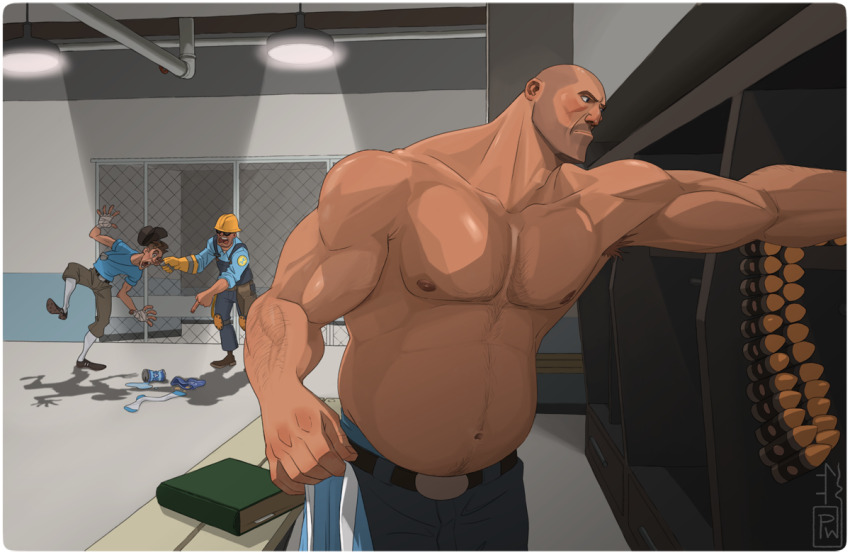 3boys bara beard_stubble belly blu_engineer_(tf2) blu_heavy_(tf2) blu_scout_(tf2) buzz_cut engineer_(tf2) facial_hair feet_out_of_frame from_side heavy_(tf2) large_pectorals looking_ahead male_focus mature_male multiple_boys muscular muscular_male mustache_stubble navel navel_hair nipples pants pectorals profile protowilson scout_(tf2) short_hair solo_focus sparse_chest_hair stomach stubble team_fortress_2 thick_eyebrows topless_male very_short_hair