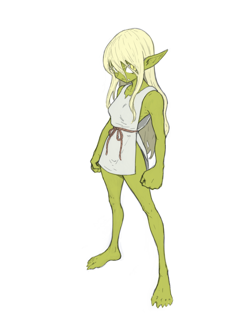 1girl absurdres barefoot blonde_hair colored_skin fang female_goblin goblin green_skin highres monster_girl teeth toshinoshin yellow_eyes