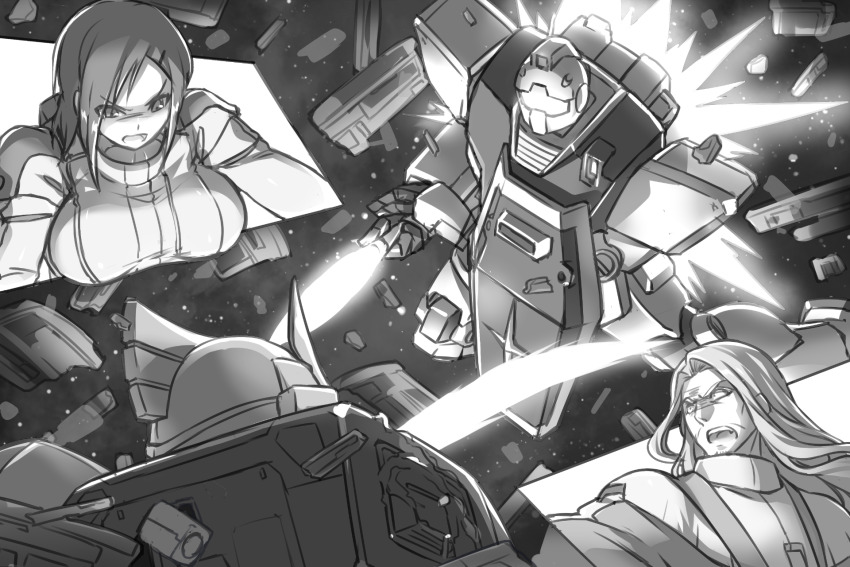 1boy 1girl energy_sword breasts gelgoog gm_ii gundam highres ky@rgm-79r large_breasts long_hair mecha pilot_suit robot shield space spacesuit zeta_gundam