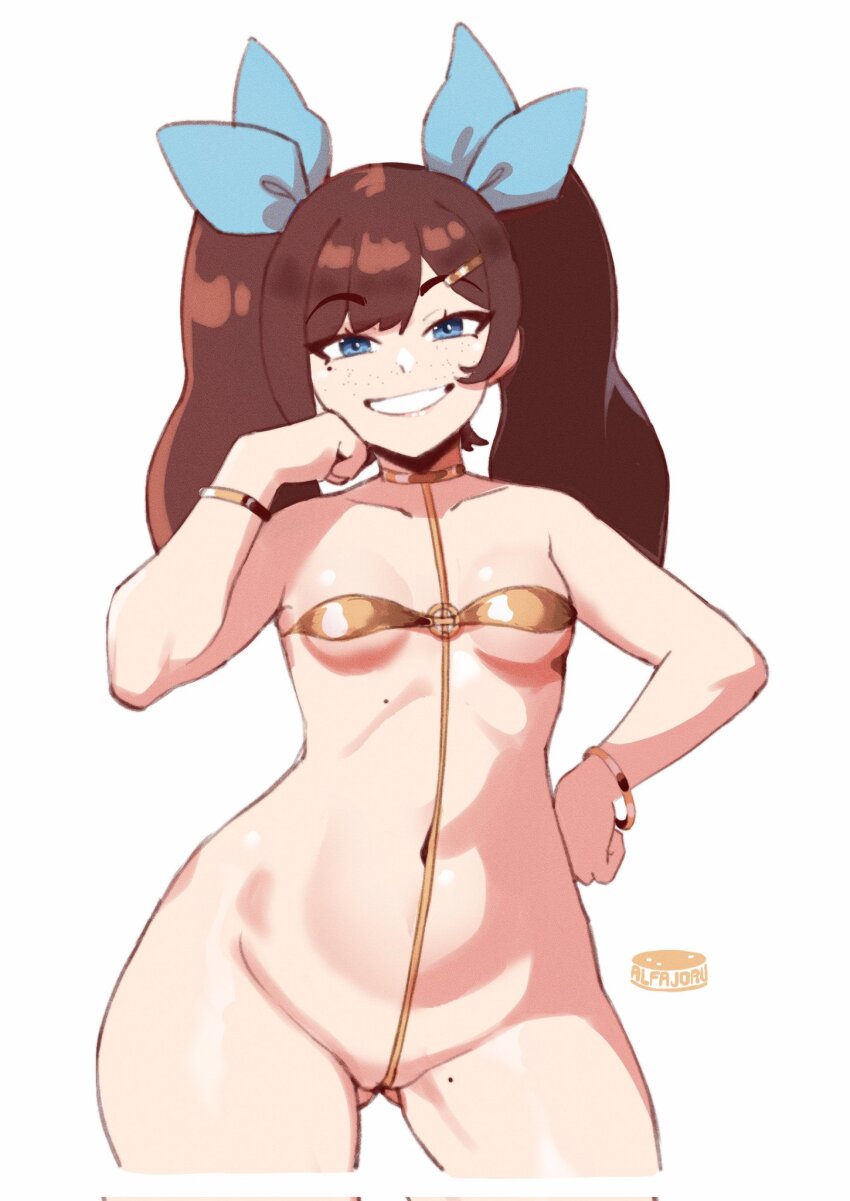 1girl alfajoru2 anchor_choker artist_name bikini blue_eyes blue_ribbon bracelet breasts brown_hair cameltoe freckles gluteal_fold gold_bikini hair_ribbon hand_on_own_cheek hand_on_own_face hand_on_own_hip jewelry micro_bikini mole mole_on_chest mole_on_thigh mole_under_eye navel o-ring o-ring_swimsuit original partially_visible_vulva ribbon small_breasts smile solo standing swimsuit twintails white_background wide_hips