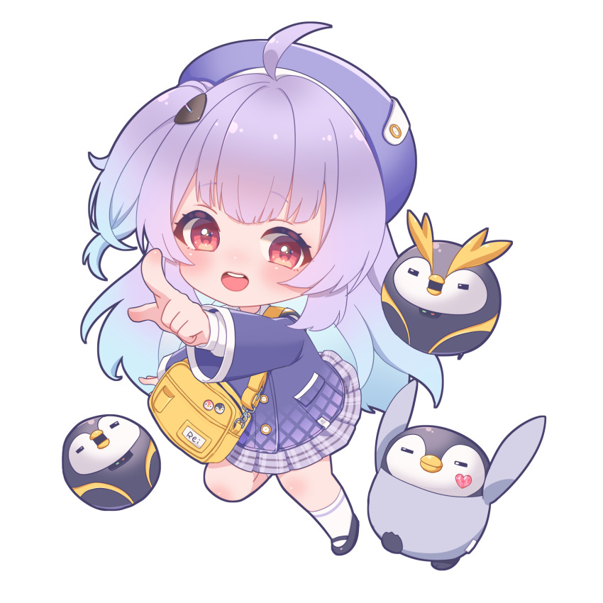 1girl ahoge beret bird chibi goddess_of_victory:_nikke hair_ornament hat highres jacket long_hair long_sleeves looking_at_viewer open_mouth penguin purple_hair red_eyes rei_(nikke) school_uniform shirt skirt standing white_shirt yashima_xx
