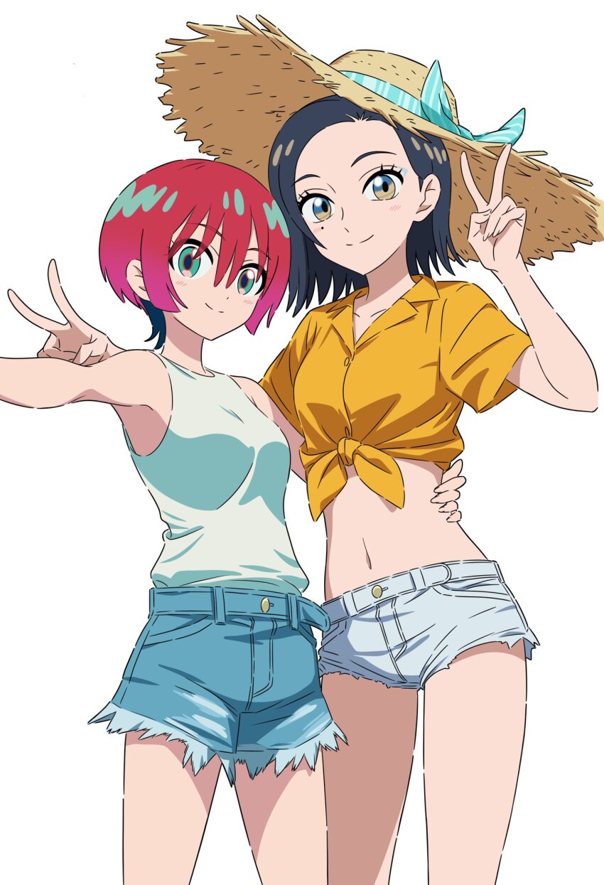 2girls amate_yuzuriha aqua_eyes aqua_shirt armpits black_hair blue_eyeshadow blue_shorts breasts closed_mouth comoli_harcourt cowboy_shot denim denim_shorts eyeshadow gundam gundam_gquuuuuux hand_on_another&#039;s_back hat hat_ribbon highres kousuke0912 looking_at_viewer makeup medium_breasts medium_hair midriff mole mole_under_eye multiple_girls navel orange_shirt red_hair ribbon shirt short_hair shorts simple_background smile split_mouth stomach straw_hat tied_shirt v white_background white_shorts yellow_eyes