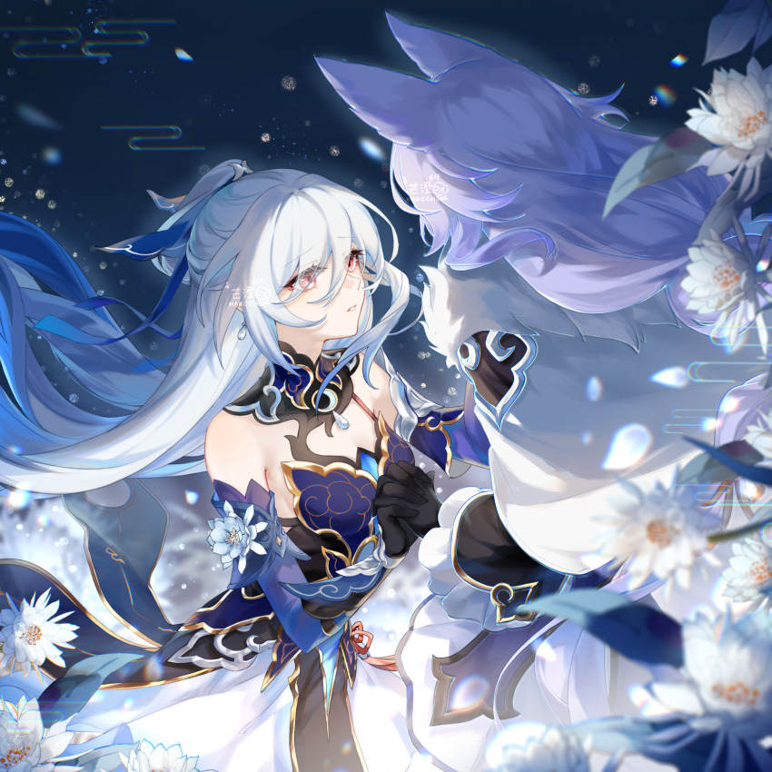 1girl 2girls animal_ears baiheng_(honkai:_star_rail) bare_shoulders black_gloves breasts dress epiphyllum flower fox_ears gloves hair_between_eyes hair_ornament highres honkai:_star_rail honkai_(series) jingliu_(honkai:_star_rail) long_hair looking_at_another mangzhi_yaoyao multiple_girls official_alternate_costume red_eyes white_dress white_flower white_hair