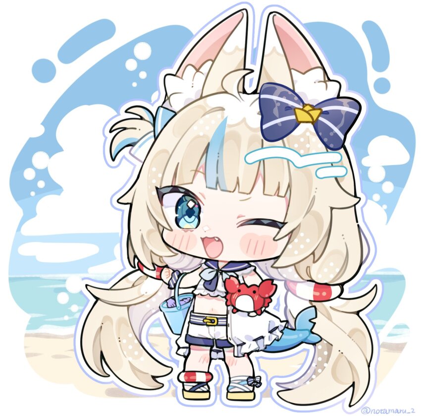 1girl :3 ;d animal_ear_fluff animal_ears beach blonde_hair blue_bow blue_eyes blue_hair blue_outline blue_sailor_collar blunt_bangs blush_stickers bow cat_ears chibi chibi_only commentary crop_top cropped_shirt day english_commentary fang fins fish_girl fish_tail frilled_sailor_collar frills full_body hair_bow highres indie_virtual_youtuber lifebuoy_hair_ornament long_hair looking_at_viewer low_twintails midriff multicolored_hair navel notamaru_2 one_eye_closed one_side_up open_mouth outdoors outline sailor_collar sameko_saba sandals shirt shorts sleeveless sleeveless_shirt smile solo standing streaked_hair tail twintails twitter_username very_long_hair virtual_youtuber white_shirt white_shorts yellow_sandals