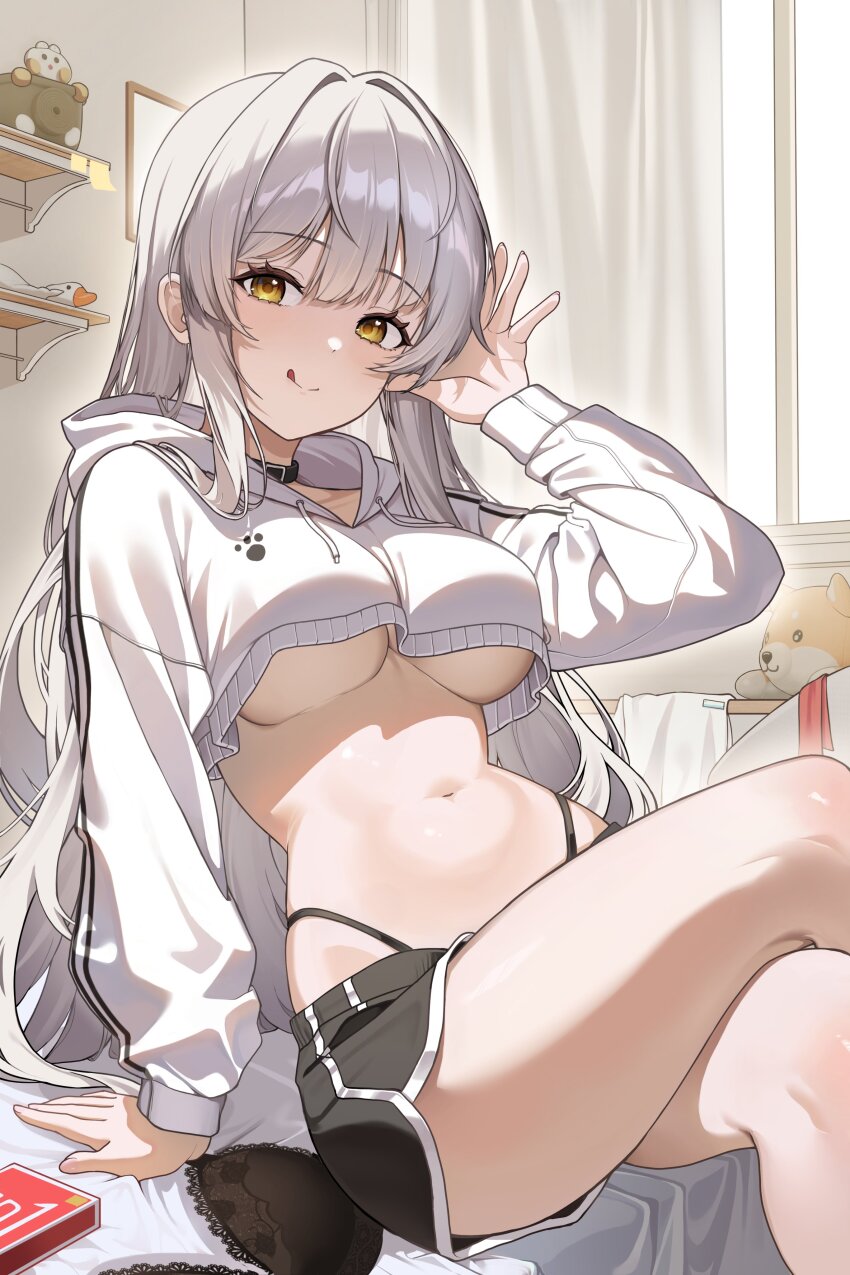 1girl :q absurdres bedroom black_bra black_choker black_shorts bra breasts choker closed_mouth condom_box crop_top crop_top_overhang cropped_hoodie crossed_legs dolphin_shorts drawstring hand_up highleg highres hood hood_down hoodie indoors large_breasts long_hair long_sleeves looking_at_viewer midriff navel novelpia original panty_straps pekoku_(tamago_sushi) short_shorts shorts sitting smile solo stomach thighs tongue tongue_out underboob underwear unworn_bra very_long_hair white_hair white_hoodie yellow_eyes