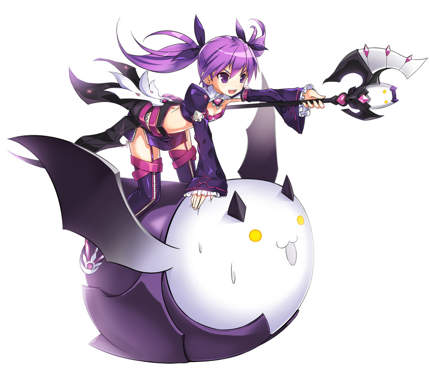 1girl aisha_landar arm_belt armored_shoes axe backlighting battle_axe belt black_shrug black_skirt black_thighhighs bra breasts cleavage creature cross cross_print crossed_belts dot_nose elsword floating_clothes floating_hair frilled_sleeves frills full_body game_cg hair_between_eyes happy highres holding holding_axe juliet_sleeves kneeling layered_skirt long_hair long_skirt long_sleeves looking_ahead microskirt multiple_belts official_art on_creature open_mouth outstretched_arm pink_belt pink_bra puffy_sleeves purple_eyes purple_hair purple_skirt ress ribbed_thighhighs riding second-party_source shoes showgirl_skirt shrug_(clothing) skinny skirt sleeves_past_wrists small_breasts smile solo stomach strapless strapless_bra sweat teeth thigh_belt thigh_strap thighhighs torn_clothes torn_skirt transparent_background tsurime twintails underwear upper_teeth_only v-shaped_eyebrows void_princess_(elsword) weapon white_shoes wind zipper