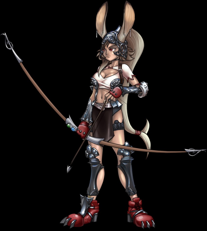 1girl animal_ears ankle_boots armor arrow_(projectile) belt black_panties boots bow_(weapon) breasts choker cleavage cleavage_cutout clothing_cutout cosplay crop_top dark-skinned_female dark_skin earrings ears_through_headwear elbow_pads female_focus final_fantasy final_fantasy_vii final_fantasy_xii fingerless_gloves fran_(ff12) full_body fusion gloves greaves helmet high_ponytail highres jewelry large_breasts loincloth long_hair mario_grant midriff panties ponytail rabbit_ears red_eyes silver_hair solo square_enix tan thighlet tifa_lockhart tifa_lockhart_(cosplay) transparent_background underwear vambraces viera weapon