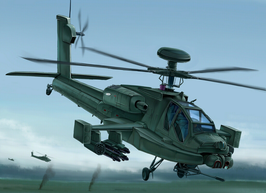 2boys ah-64_apache air-to-surface_missile aircraft attack_helicopter autocannon cannon flying helicopter kcme military military_vehicle multiple_boys original pilot rocket_pods sky smoke vehicle_focus