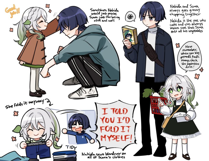 1boy 1girl arms_on_knees bag black_dress black_footwear black_pants blue_hair blue_hoodie blue_jacket blue_shirt blunt_ends box braid brown_coat cereal_box child closed_eyes closed_mouth coat dark_blue_hair dress english_text folded_clothes folding_clothes frilled_dress frills genshin_impact gradient_hair green_eyes green_hair green_skirt hair_between_eyes hand_on_own_hip headpat highres holding holding_box holding_paper holding_underwear holding_unworn_clothes hood hoodie jacket leaf long_hair long_sleeves looking_at_object looking_up mary_janes messenger_bag multicolored_hair nahida_(genshin_impact) open_mouth opening_door pants pantyhose paper parted_bangs pinafore_dress pointing pointing_up pointy_ears ponytail puffy_sleeves purple_eyes radish scaramouche_(genshin_impact) shirt shoes shopping short_hair shoulder_bag side_ponytail sidelocks skirt sleeveless sleeveless_dress smile sneakers socks squatting sweatpants turtleneck underwear unworn_clothes venti_(genshin_impact) wanderer_(genshin_impact) white_background white_footwear white_hair white_pantyhose white_shirt white_socks wide_sleeves yellow_bag zhacaitan