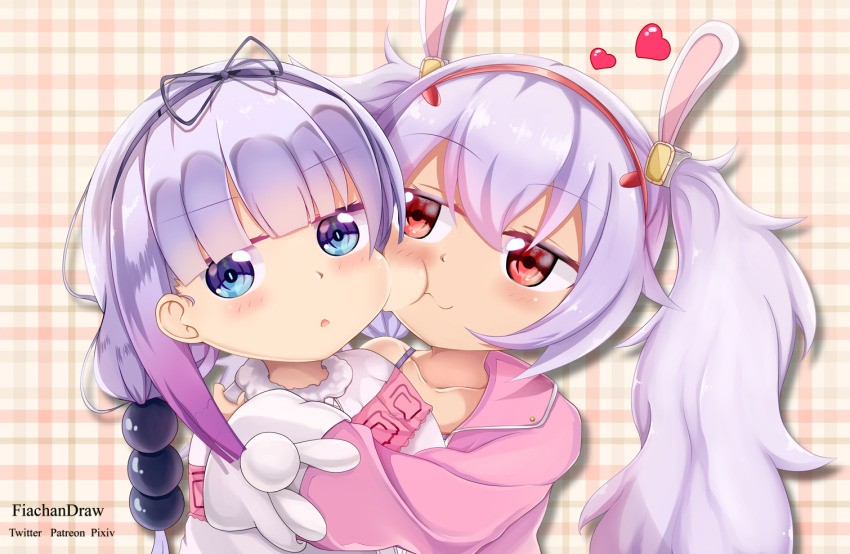 2girls animal_ears azur_lane blue_eyes capelet cheek-to-cheek commentary_request crossover dragon_girl dragon_horns fur_trim hair_bobbles hair_ornament hairband heads_together heart horns hug hug_from_behind jacket kanna_kamui kobayashi-san_chi_no_maidragon laffey_(azur_lane) long_hair long_sleeves multiple_girls naganawa_maria off_shoulder open_clothes open_jacket pink_jacket plaid_background purple_hair rabbit_ears red_eyes tetryondecay twintails voice_actor_connection