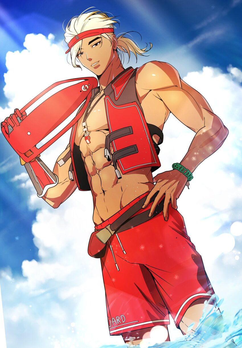 1boy abs absurdres arm_up bare_pectorals bare_shoulders blonde_hair bracelet brown_eyes byeolangwi58526 cloud commentary dark-skinned_male dark_skin drawstring groin hand_on_own_hip hashtag-only_commentary hat highres holding jewelry life_vest lifeguarder_lifeweaver lifeweaver_(overwatch) light_rays looking_at_viewer male_focus male_swimwear navel overwatch overwatch_2 parted_lips pectorals ponytail prosthesis prosthetic_arm red_hat red_male_swimwear red_swim_trunks red_vest sky solo standing sunbeam sunlight swim_trunks teeth vest visor_cap water