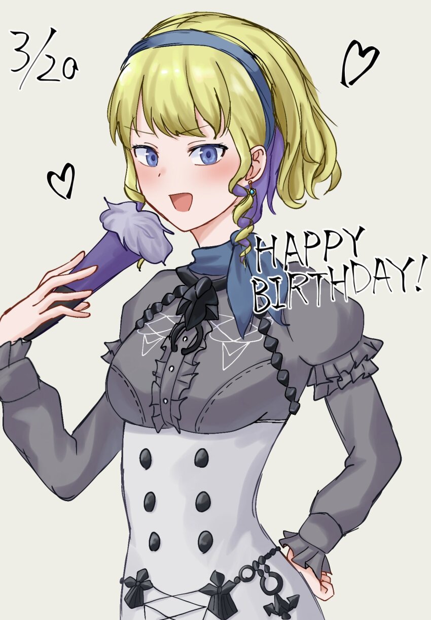 1girl blonde_hair blue_choker blue_hairband choker colored_inner_hair constance_von_nuvelle drill_hair drill_sidelocks earrings fire_emblem fire_emblem:_three_houses garreg_mach_monastery_uniform hairband hand_fan highres holding holding_fan jewelry multicolored_hair nintendo purple_hair rirurirun2023 scarf_choker sidelocks two-tone_hair