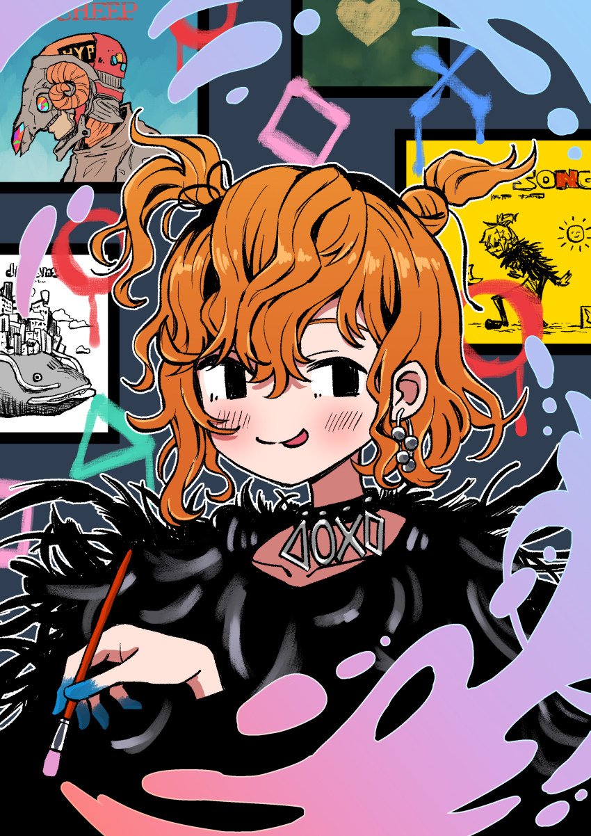 1boy :p absurdres black_eyes blush chun_1234567 collar earrings highres holding holding_paintbrush jewelry male_focus orange_hair paintbrush smile solo tongue tongue_out two_side_up yonezu_kenshi_(person)