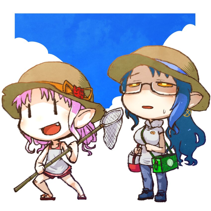 2girls alternate_costume bag bandaid bandaid_on_knee bandaid_on_leg black_eyes blue_background blue_footwear blue_hair blush border breasts butterfly_net chibi cloud commentary_request denim double_bun fang full_body glasses goki_(voicevox) hair_bun half-closed_eyes hand_net hat highres holding holding_butterfly_net bug_cage jeans kuron_(uhhr2odhrppc5nw) large_breasts long_hair looking_up multiple_girls no_socks onikko_hunter_tsuina-chan open_mouth outside_border pants pink_hair pointy_ears ponytail red_shorts sandals shade shirt shoes short_shorts short_sleeves shorts shoulder_bag smile standing straw_hat summer sun_hat sweat t-shirt tank_top towel towel_around_neck tsuina-chan voiceroid voicevox white_border white_shirt white_tank_top yellow_eyes |_|