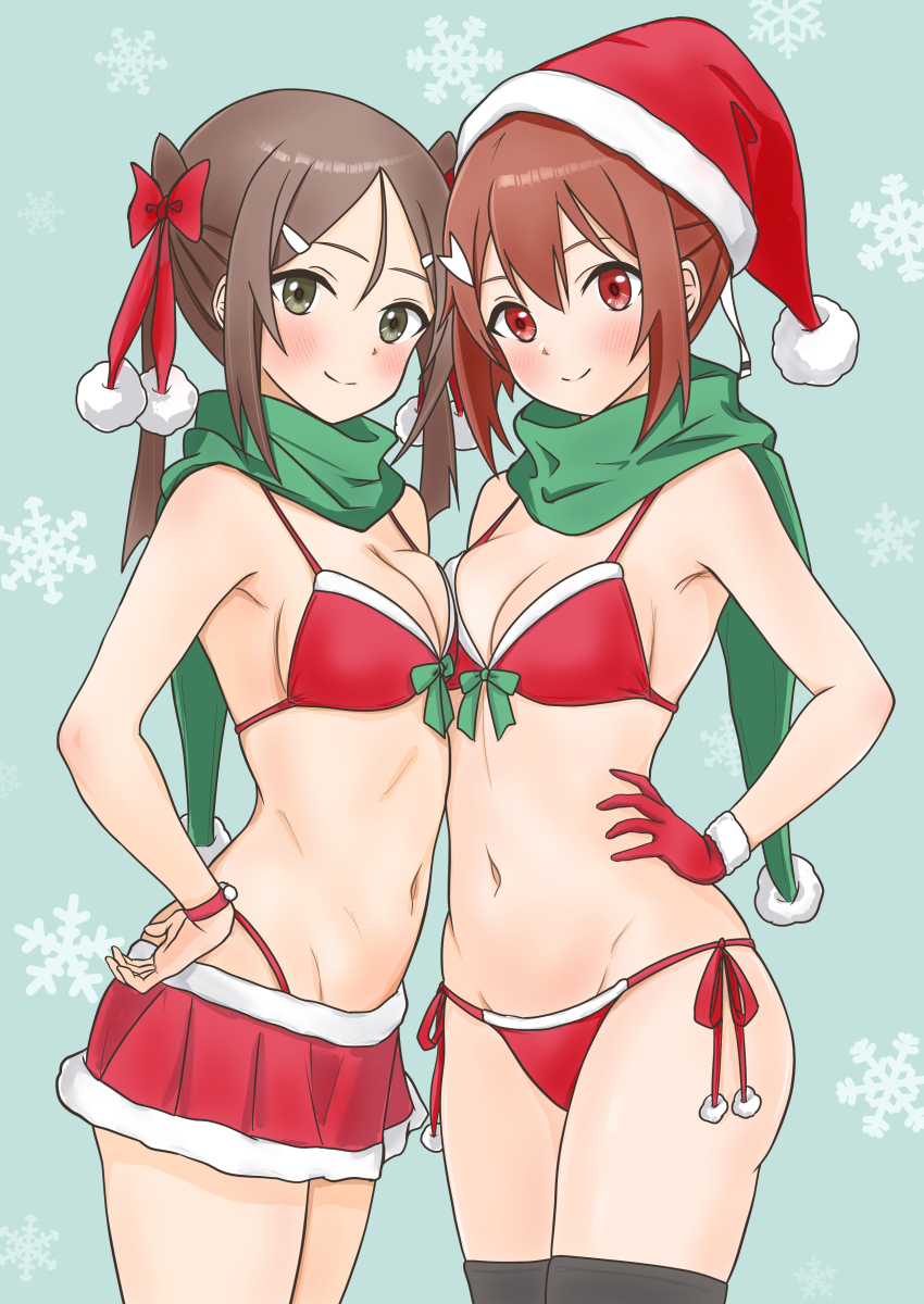2girls absurdres asymmetrical_docking bikini black_thighhighs blue_background breast_press breasts brown_eyes brown_hair fur-trimmed_skirt fur_trim gloves green_scarf hand_on_own_hip highres long_hair looking_at_viewer man12sikata-04 medium_breasts miyoshi_karin multiple_girls red_bikini red_gloves red_skirt scarf short_hair side-tie_bikini_bottom skirt snowflakes swimsuit thighhighs twintails yuuki_yuuna yuuki_yuuna_wa_yuusha_de_aru yuusha_de_aru