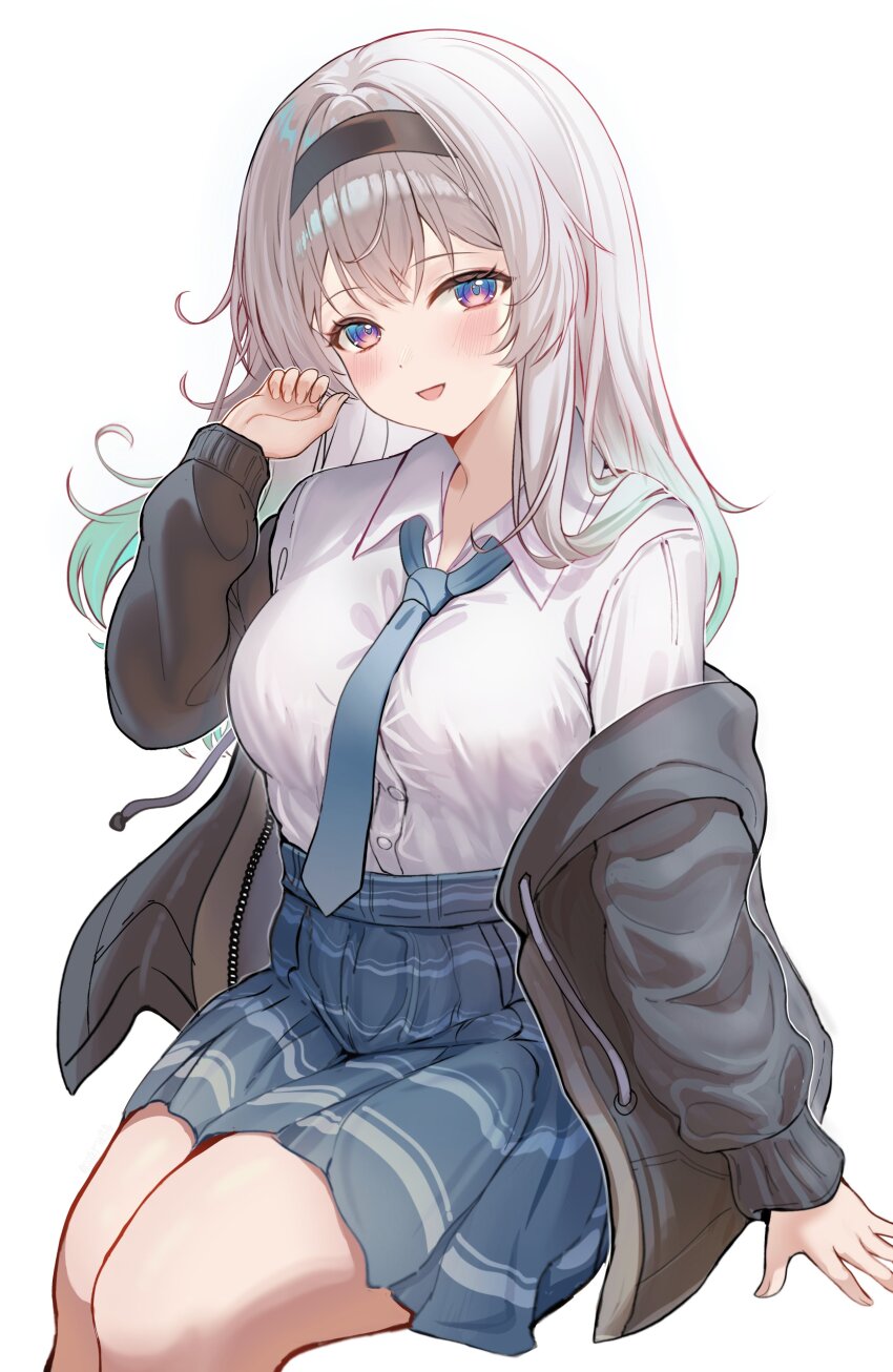 1girl absurdres black_hairband blue_necktie blue_skirt blush collared_shirt devl_ga_aru firefly_(honkai:_star_rail) gradient_eyes gradient_hair green_pupils grey_hair grey_jacket hair_between_eyes hair_intakes hairband highres honkai:_star_rail honkai_(series) jacket long_hair multicolored_eyes multicolored_hair necktie open_clothes open_jacket pleated_skirt shirt simple_background skirt solo striped_clothes striped_skirt two-tone_eyes white_background white_shirt