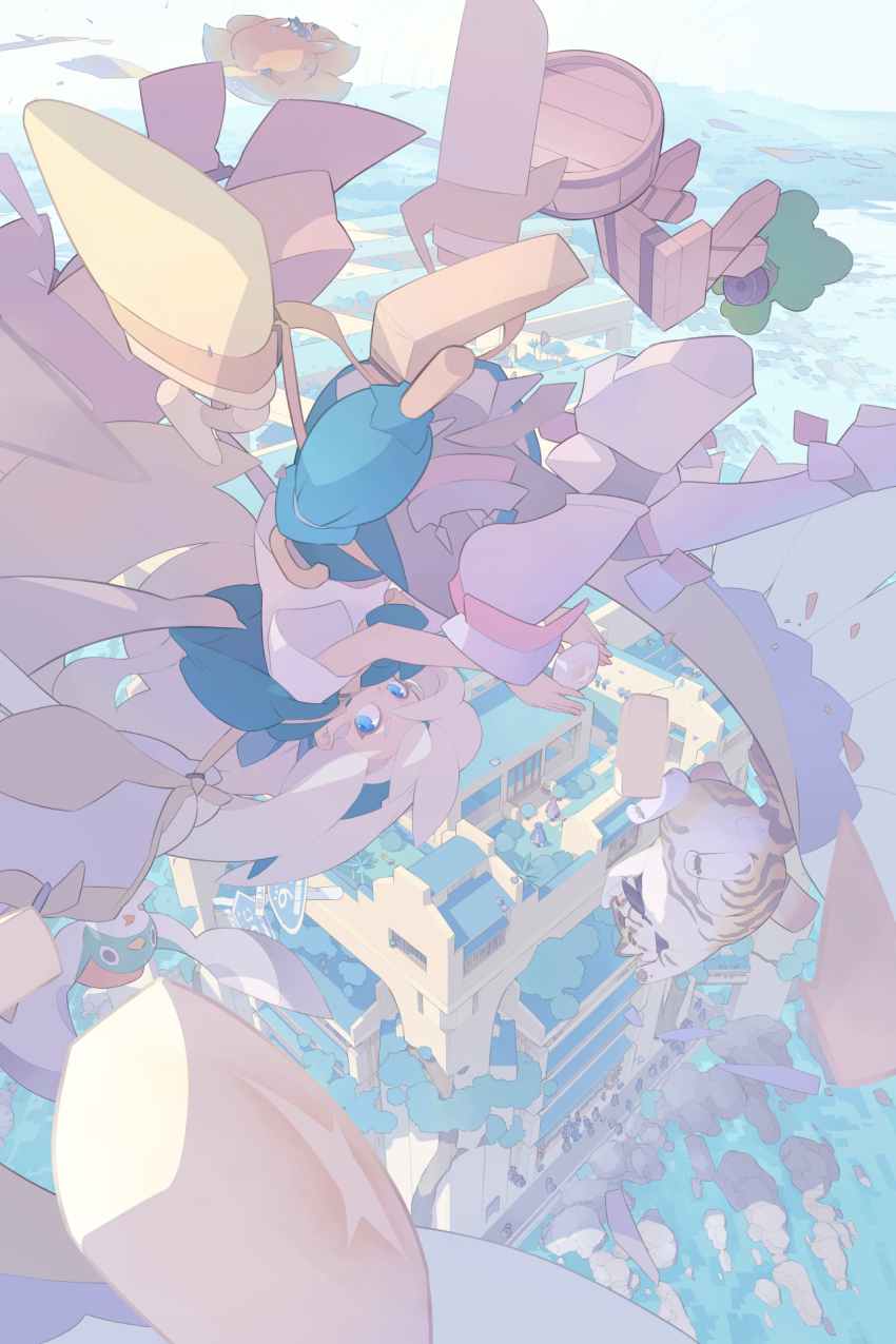 1girl 6+others akitsu_taira bird blonde_hair blue_bird_(akitsu_taira) blue_eyes blue_sky closed_umbrella fantasy from_above highres izumi_luna_(akitsu_taira) long_hair multiple_others original plant potted_plant short_sleeves sky tiger toranyun_(akitsu_taira) tree umbrella