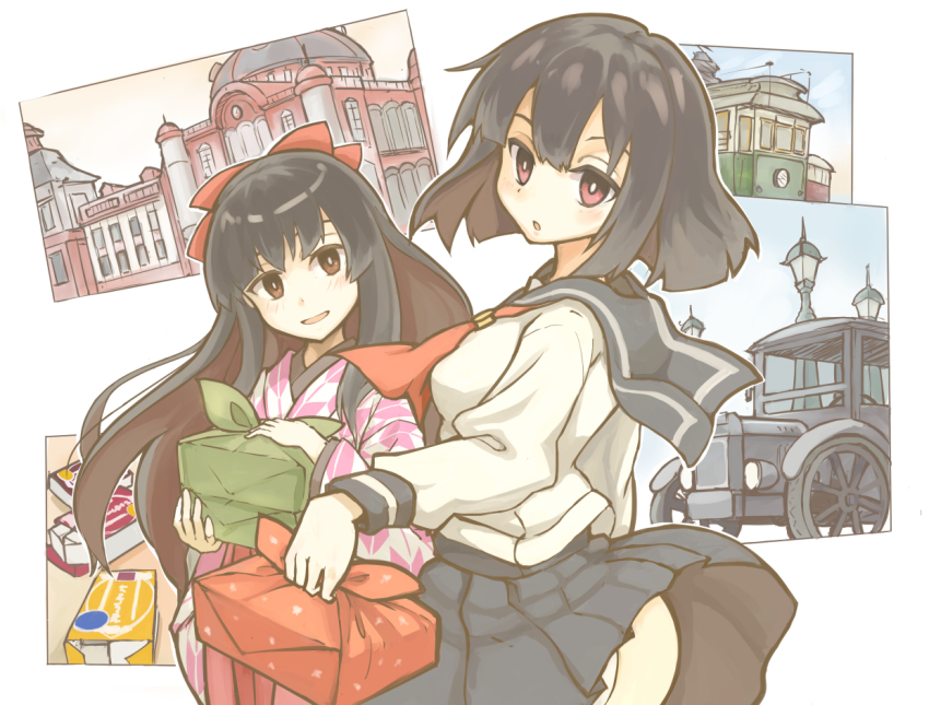 2girls ass bento black_hair blush bow brown_eyes caramel hair_bow hair_ornament hakama hakama_skirt japanese_clothes kimono long_hair looking_at_viewer multiple_girls open_mouth original red_eyes red_hakama school_uniform senhappyaku serafuku skirt smile taishou_era white_background