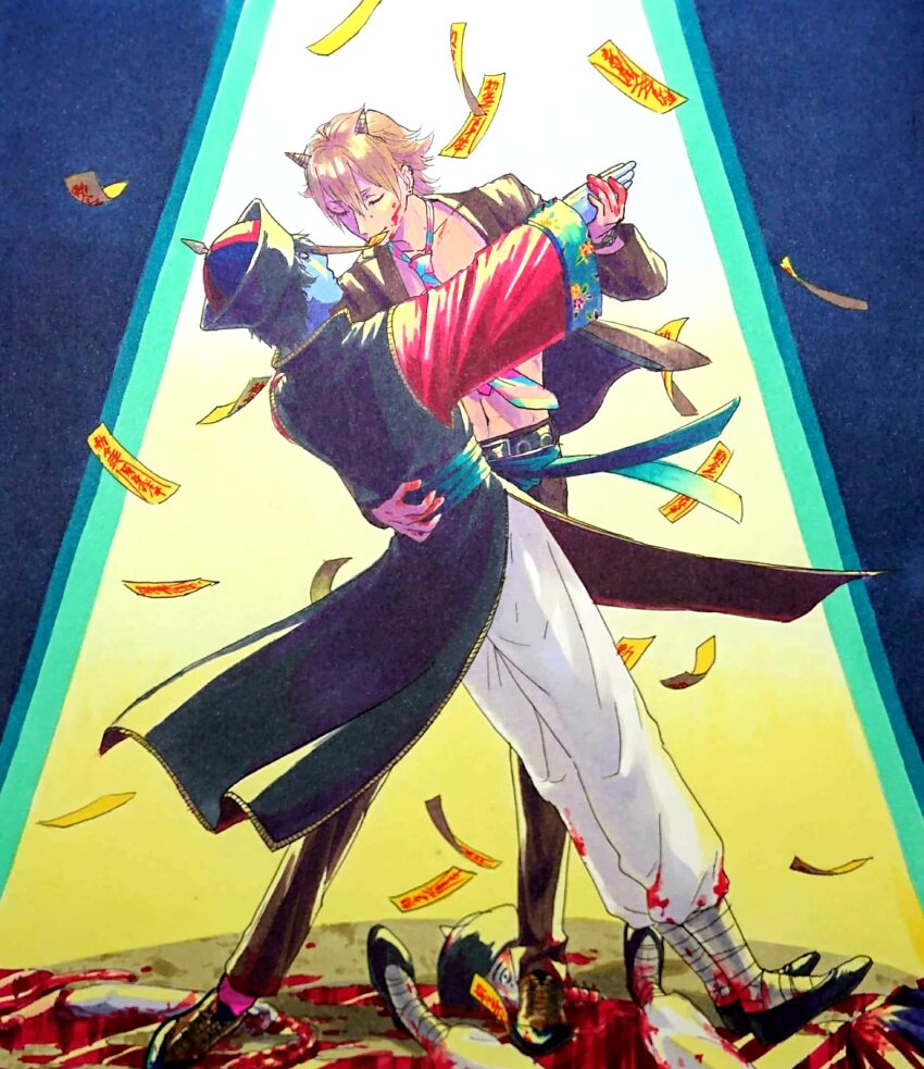2boys 59awakadoy bandaged_ankle bare_pectorals belt black_jacket black_pants black_shoes blonde_hair blood blood_on_clothes blood_on_ground blue_necktie blue_skin chinese_clothes closed_eyes closed_mouth colored_skin commentary_request dancing death diagonal-striped_clothes diagonal-striped_necktie full_body hand_on_another&#039;s_back highres horns jacket jiangshi long_sleeves male_focus multiple_boys navel necktie no_shirt ofuda ofuda_on_head open_clothes open_jacket original panties pants pectorals severed_arm severed_head severed_limb shoes short_hair spine spotlight stomach striped_clothes traditional_media underwear very_short_hair watch white_panties wristwatch