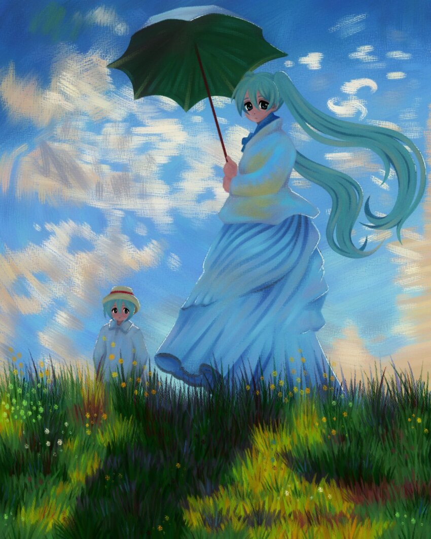2girls blue_skirt blue_sky clone closed_mouth cloud commentary cryptidhermit dot_nose english_commentary fine_art_parody hair_between_eyes hat hatsune_miku highres jacket long_hair looking_at_viewer multiple_girls outdoors parody skirt sky straw_hat twintails vocaloid white_jacket woman_with_a_parasol