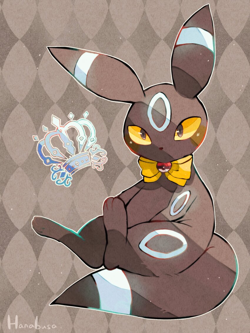alternate_color animal_focus argyle_background argyle_clothes artist_name black_eyes black_skin bow bowtie colored_sclera colored_skin commentary_request crown facial_mark forehead_mark gen_2_pokemon grey_background hanabusaoekaki highres nintendo no_humans poke_ball_symbol pokemon pokemon_(creature) shiny_pokemon solo tail umbreon yellow_bow yellow_bowtie yellow_sclera