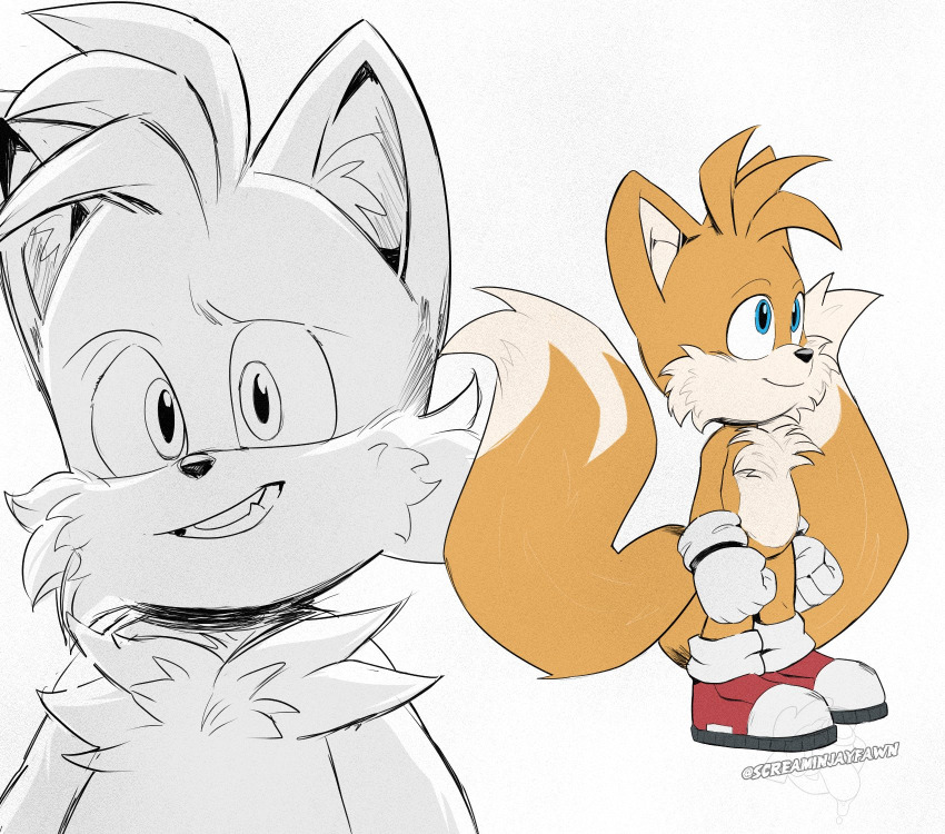 blonde_hair blue_eyes child cub fox fur furry gloves highres multiple_tails paramount_pictures screaminjafawn sega shoes smile socks sonic_(live_action) sonic_(series) sonic_the_hedgehog_(film) sonic_the_hedgehog_2_(film) sonic_the_hedgehog_3_(film) tail tails_(sonic) two_tails white_background yellow_fur