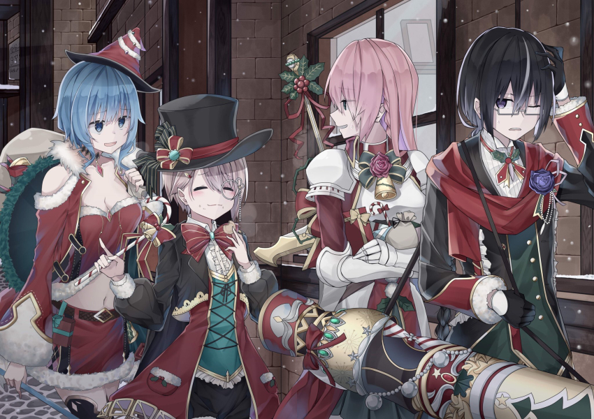 1boy 3girls adah_(seiya)_(grimms_notes) annoyed armor bare_shoulders black_gloves black_hair black_jacket black_shorts blue_eyes blue_hair breastplate breasts brown_hair christmas cleavage closed_eyes closed_mouth clovis_(seiya)_grimms_notes collared_shirt cowboy_shot cropped_jacket eating fam_(seiya)_(grimms_notes) flower food glasses gloves green_skirt grimms_notes hat highres holding holding_cannon holding_food holding_wand holding_weapon iumi_urura jacket light_blush medium_breasts monocle multiple_girls navel one_eye_closed open_mouth pink_hair pleated_skirt purple_flower purple_rose red_hat red_scarf red_skirt rose scarf shirt shorts skirt smile snowing sweatdrop teeth third_(seiya)_(grimms_notes) walking wand weapon white_armor white_shirt white_streaks window