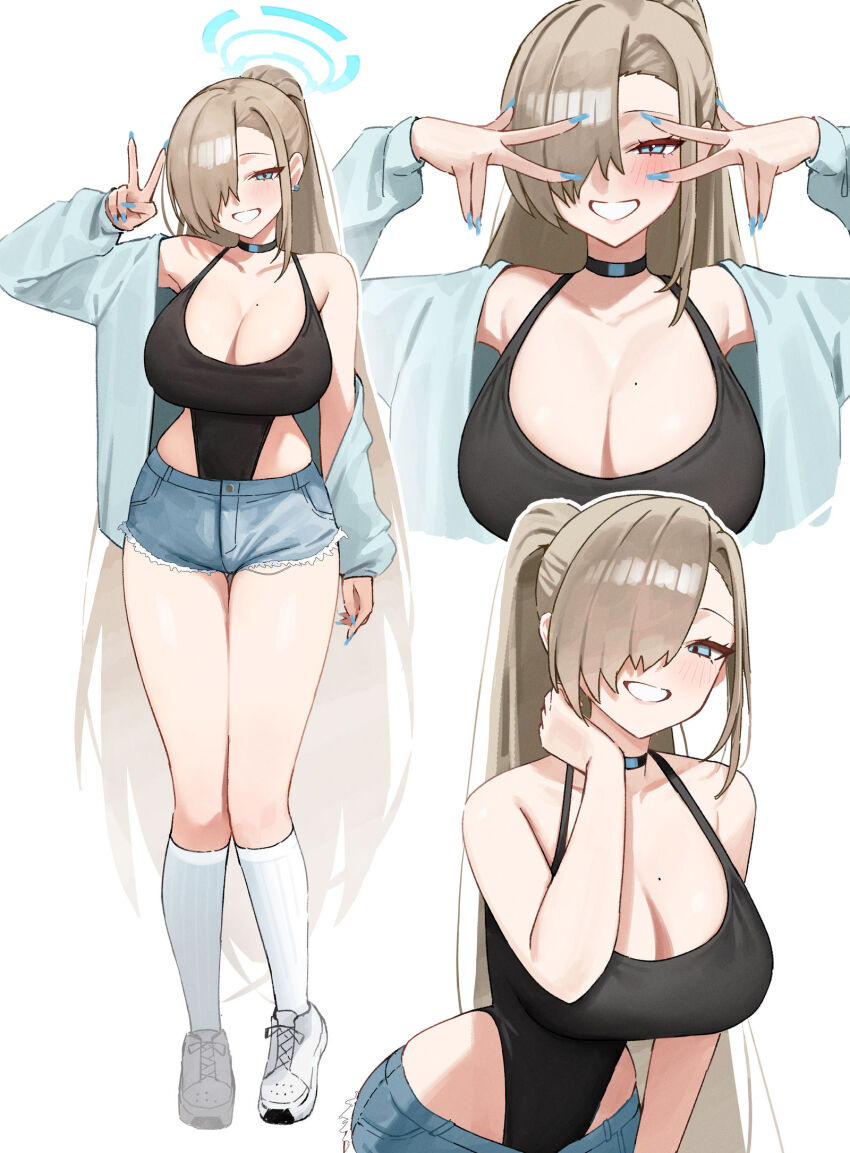 1girl arms_up asuna_(blue_archive) black_choker black_leotard blonde_hair blue_archive blue_halo blue_nails blue_shirt breasts choker cleavage cutoffs denim denim_shorts double_w grin hair_over_one_eye halo high_ponytail highres kono_(xerondan321) leotard leotard_under_clothes multiple_views ponytail shirt shoes short_shorts shorts simple_background smile socks thighs v w white_background white_socks