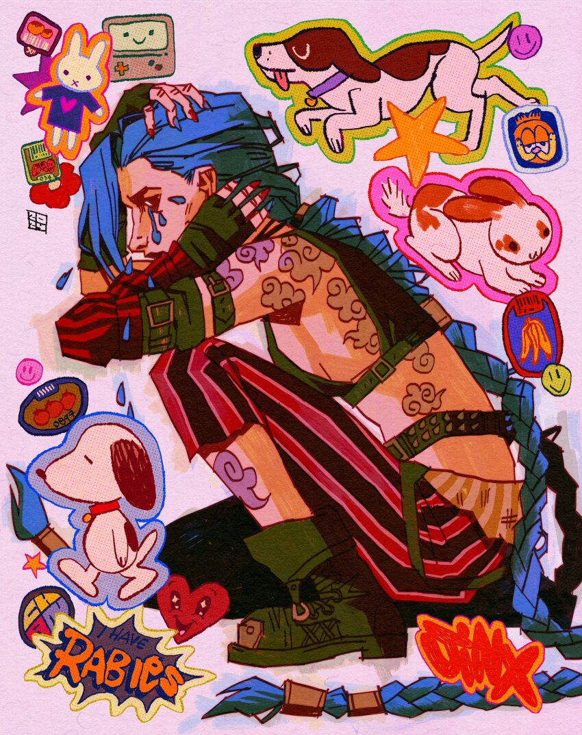 1girl arcane:_league_of_legends arm_tattoo beemo belt blue_hair boots braid chan_(flesh.png) cloud_tattoo crying dog fingerless_gloves from_side gloves hand_on_own_head highres jinx_(league_of_legends) league_of_legends long_hair pants rabbit shoulder_tattoo snoopy solo squatting sticker striped_clothes striped_pants tattoo tears teemo twin_braids