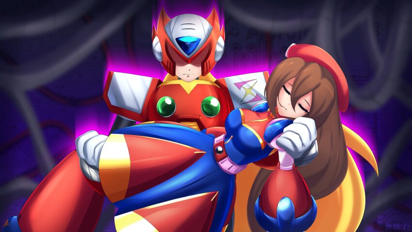 1boy 1girl absurdres aura axasempai beret blonde_hair breasts brown_hair cable carrying carrying_person closed_eyes energy_sword fainted hat helmet highres holding iris_(mega_man) large_breasts long_hair mega_man_(series) mega_man_x4 mega_man_x_(series) robot shaded_face sword unconscious very_long_hair weapon zero_(mega_man)