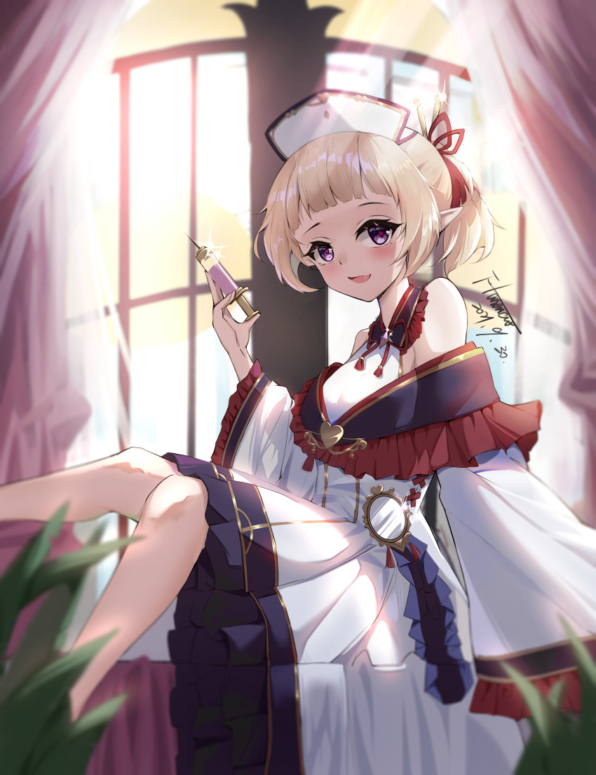 1boy absurdres blonde_hair curtains dress elf eyebrows fang frills hair_bun hair_ribbon hand_mirror hat heart heart-shaped_pupils highres legs looking_at_viewer mirror nurse nurse_cap open_mouth ornament pink_eyes pointy_ears princess_connect! purple_eyes ribbon short_hair sitting smile sunlight symbol-shaped_pupils syringe trap white_dress window yamasede_neiko yuki_(princess_connect!)