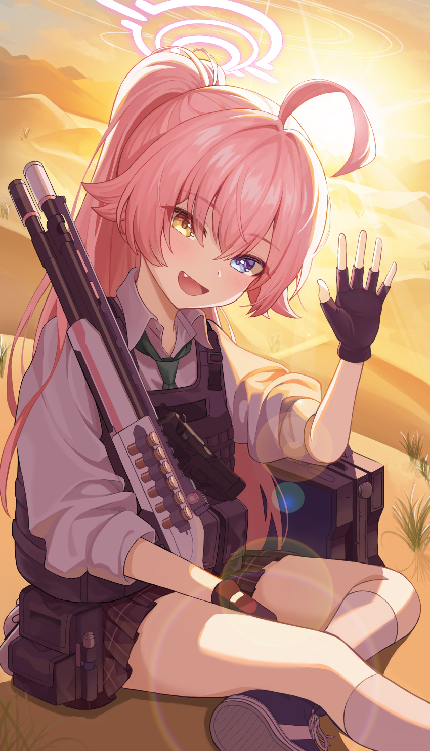 1girl absurdres ahoge black_gloves black_skirt blue_archive blue_eyes blue_shoes blush bulletproof_vest crossdraw_holster desert fang fingerless_gloves gloves green_necktie gun hair_between_eyes handgun heterochromia highres hiko0303 holding holding_gun holding_weapon hoshino_(armed)_(blue_archive) hoshino_(blue_archive) long_hair looking_at_viewer necktie official_alternate_costume official_alternate_hairstyle on_ground open_mouth pink_hair plaid_clothes plaid_skirt ponytail shirt shoes shotgun sidelocks sitting skirt socks waving weapon white_shirt white_socks yellow_eyes