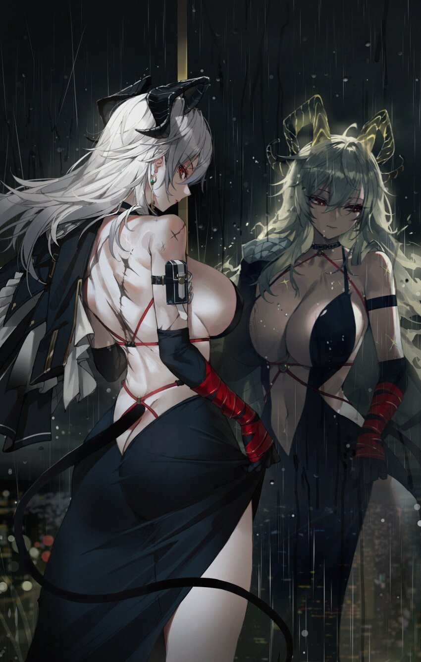 1girl absurdres alternate_costume arm_pouch ass backless_dress backless_outfit bare_back bare_shoulders black_choker black_dress black_gloves black_horns black_pouch black_tail blonde_hair breasts butt_crack center_opening choker closed_mouth collarbone commentary cowboy_shot curled_horns demon_tail different_reflection dress earrings elbow_gloves gloves grey_hair highres holding holding_jacket holding_unworn_clothes horns jacket jewelry key_earrings large_breasts long_hair looking_at_viewer looking_back maenoo median_furrow navel necktie necktie_around_wrists rain red_eyes red_necktie reflection shoulder_blades side_slit sideboob sideless_dress solo stomach tacet_mark_(wuthering_waves) tail unworn_jacket window wuthering_waves zani_(wuthering_waves)