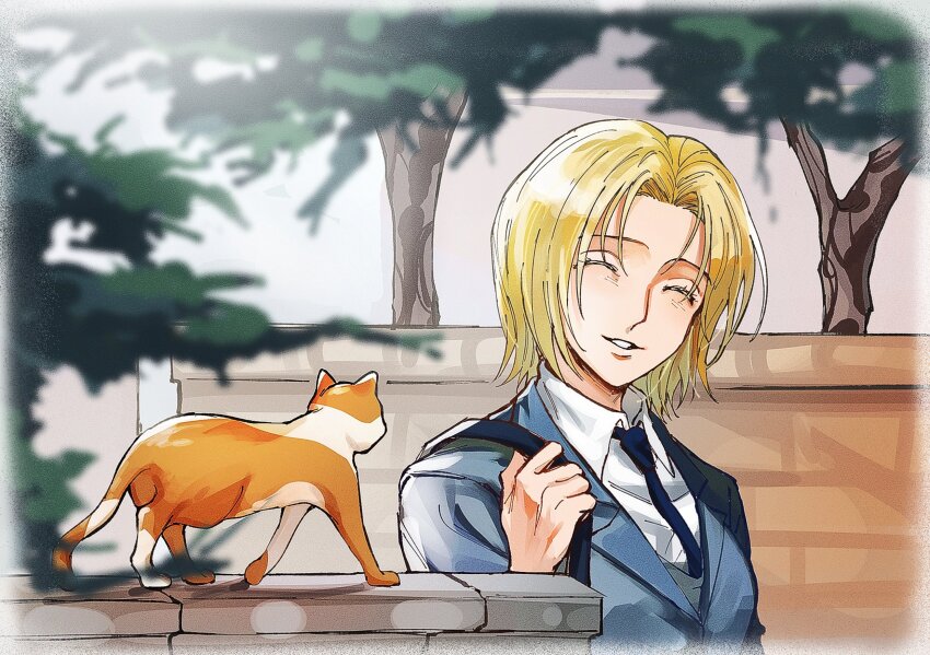 1girl ^_^ animal blazer blonde_hair blue_jacket blue_necktie blurry breasts cat closed_eyes collared_shirt crernebrulee depth_of_field facing_viewer highres hunter_x_hunter jacket korean_commentary medium_breasts necktie pakunoda shirt short_hair smile tree upper_body white_shirt