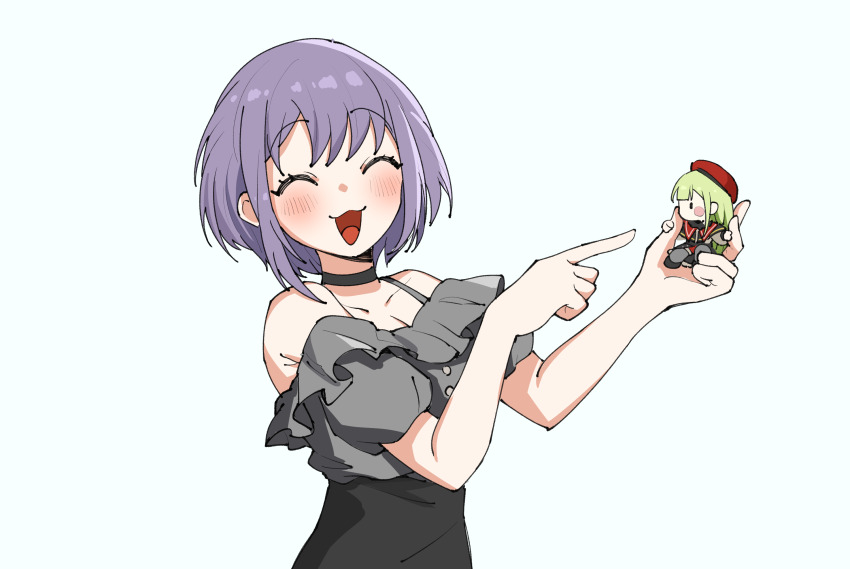 2girls bang_dream! bang_dream!_it&#039;s_mygo!!!!! black_choker black_skirt blush breasts choker cleavage closed_eyes commentary dated_commentary frilled_shirt frills grey_shirt highres mini_person mortis_(bang_dream!) mortis_(costume)_(bang_dream!) multiple_girls off-shoulder_shirt off_shoulder open_mouth purple_hair shirt short_hair skirt smile tom_and_jerry wakaba_mutsumi wakaba_mutsumi_(doll) yuutenji_nyamu yzj21333