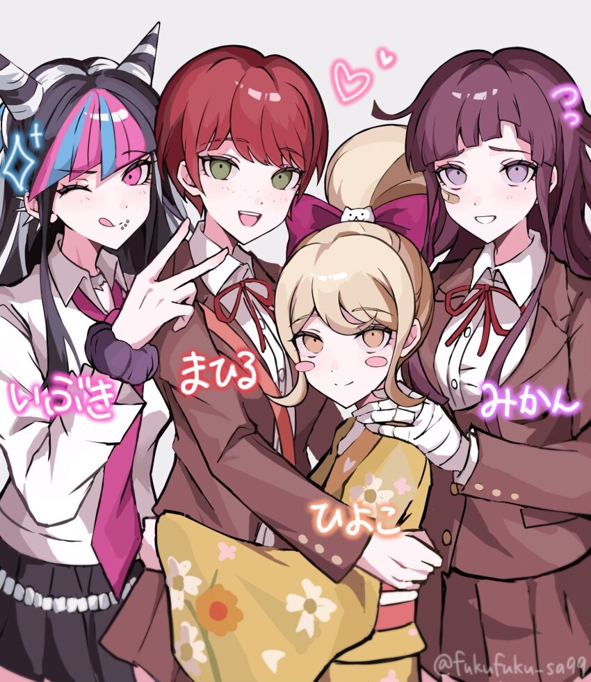 4girls black_hair blonde_hair blue_hair blush_stickers danganronpa_(series) danganronpa_3_(anime) ear_piercing fuku_sa grin hair_horns heart highres hope&#039;s_peak_academy_school_uniform hug jewelry koizumi_mahiru long_hair looking_at_viewer mioda_ibuki mole mole_under_eye multicolored_hair multiple_girls neck_ribbon open_mouth piercing pink_eyes pink_hair ponytail purple_hair red_hair red_ribbon ribbon saionji_hiyoko school_uniform serafuku shirt short_sleeves skirt smile teeth tsumiki_mikan v white_hair