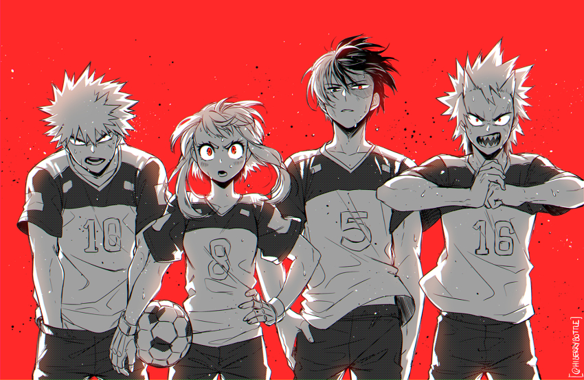 1girl 3boys alternate_costume alternate_eye_color arm_at_side backlighting bakugou_katsuki ball black_eyes bloodshot_eyes bloom blush boku_no_hero_academia burn_scar carrying carrying_under_arm clothes_lift collarbone commentary cracking_knuckles determined eyelashes fingerless_gloves fist_in_hand floating_clothes floating_hair furrowed_brow gloves greyscale_with_colored_background hair_between_eyes hand_on_own_hip hand_under_clothes hands_up heterochromia kirishima_eijirou looking_at_viewer lowah lower_teeth_only multicolored_hair multiple_boys number_print open_mouth parted_lips red_background red_eyes sanpaku scar scar_across_eye scar_on_face screentones serious sharp_teeth shirt_lift short_eyebrows short_hair sidelocks simple_background soccer_ball soccer_uniform spiked_hair split-color_hair sportswear standing straight-on straight_hair sweat teeth todoroki_shouto twitter_username two-tone_hair upper_body uraraka_ochako v-neck v-shaped_eyebrows
