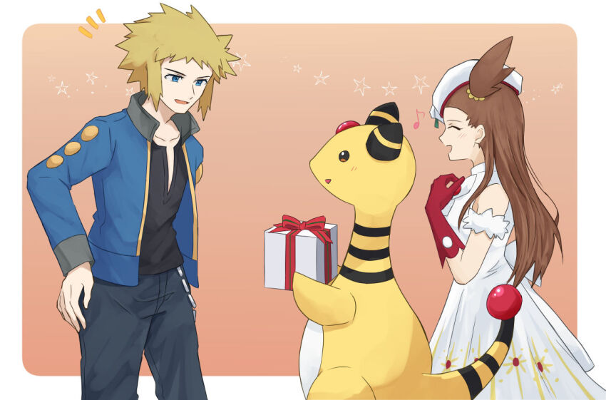 1boy 1girl ampharos blonde_hair blue_eyes border box brown_hair closed_eyes dress gen_2_pokemon gift gift_box gloves hand_on_own_hip hat jasmine_(holiday_2022)_(pokemon) jasmine_(pokemon) looking_at_another moti62 nintendo official_alternate_costume outside_border pokemon pokemon_(creature) pokemon_dppt pokemon_masters_ex red_gloves smile solid_circle_eyes spiked_hair standing star_(symbol) volkner_(pokemon) white_border white_dress white_hat