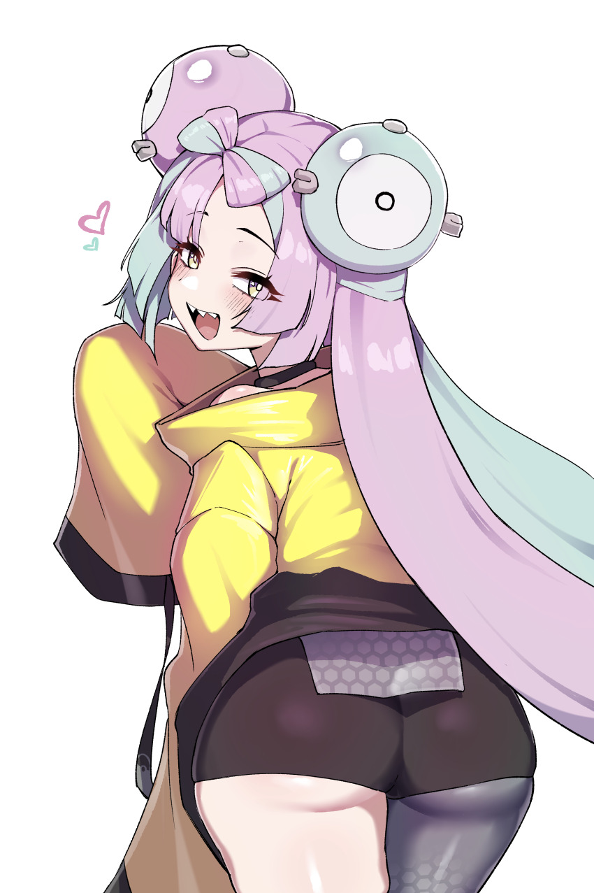 absurdres ass bow-shaped_hair character_hair_ornament fake_hair_bun grey_pantyhose hahyaha hair_ornament highres huge_ass iono_(pokemon) jacket long_hair low-tied_long_hair multicolored_hair nintendo oversized_clothes pantyhose pokemon pokemon_sv sharp_teeth sleeves_past_fingers sleeves_past_wrists split-color_hair teeth two-tone_hair very_long_sleeves yellow_jacket