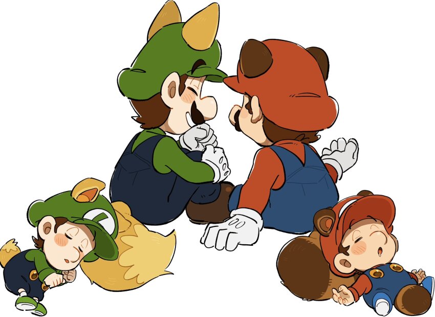 4boys animal_ears baby_luigi baby_mario blue_overalls brown_hair closed_eyes facial_hair fox_ears fox_tail from_side full_body gloves green_shirt hat highres kitsune_luigi luigi male_focus mario mario_(series) mimimi_(mimimim9999) multiple_boys mustache new_super_mario_bros._2 nintendo overalls red_hat shirt short_hair tail tanuki_mario white_gloves