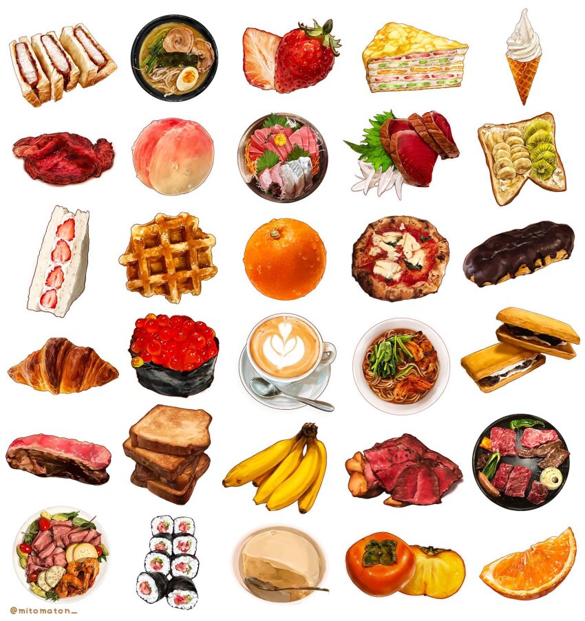 banana bread bread_slice cake crepe croissant cup donut food fruit highres ice_cream latte_art makizushi margherita_pizza mitomaton no_humans noodles orange_(fruit) orange_slice original peach persimmon pizza pudding ramen sandwich shrimp steak strawberry sushi teacup toast udon waffle white_background