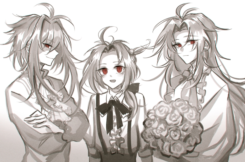 3boys ahoge alternate_costume antenna_hair ascot bouquet center_frills chinese_commentary closed_mouth collared_shirt commentary_request crossed_arms curtained_hair dita_iliner eyes_visible_through_hair flower frills hair_intakes hatsutori_hajime highres holding holding_bouquet long_hair long_sleeves low_ponytail male_focus multiple_boys neck_ribbon nijou_ryuu open_mouth parted_bangs patchwork_skin ponytail red_eyes ribbon rose saibou_shinkyoku shirt short_hair_with_long_locks side_ponytail simple_background smile spot_color suspenders upper_body white_background yuezhuanlang