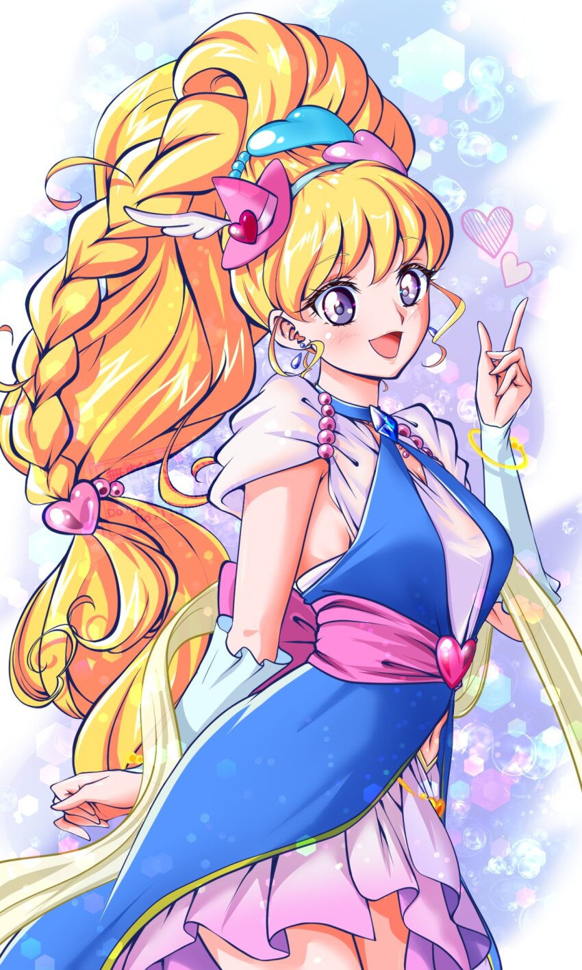 1girl asahina_mirai blonde_hair blue_arm_warmers blue_choker blue_dress blue_gemstone breasts choker cure_miracle cure_miracle_(sapphire_style) dress folded_braid gem gradient_background hair_ornament hat heart heart_hair_ornament highres kakikakilemon long_hair looking_at_viewer magical_girl mahou_girls_precure! medium_breasts mini_hat mini_witch_hat navel open_mouth pink_hat ponytail precure purple_eyes skirt smile solo wide_ponytail witch_hat