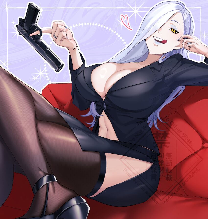 1girl absurdres black_jacket black_skirt blue_lips breasts brown_thighhighs cleavage couch eyeliner fate/grand_order fate_(series) formal_clothes gun hair_over_one_eye high_heels highres hiyayaako jacket large_breasts licking_lips lipstick long_hair long_sleeves looking_at_viewer makeup mrs._snake_(fate) nail_polish navel open_mouth pencil_skirt side_slit sitting skirt skirt_suit smile solo suit thighhighs thighs tongue tongue_out weapon white_hair yellow_eyes